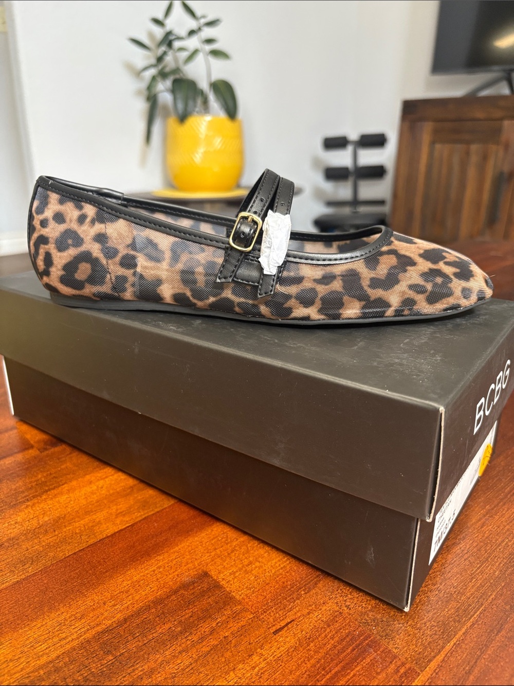 BCBG Leopard Print Mary Jane Flats with Black Trim